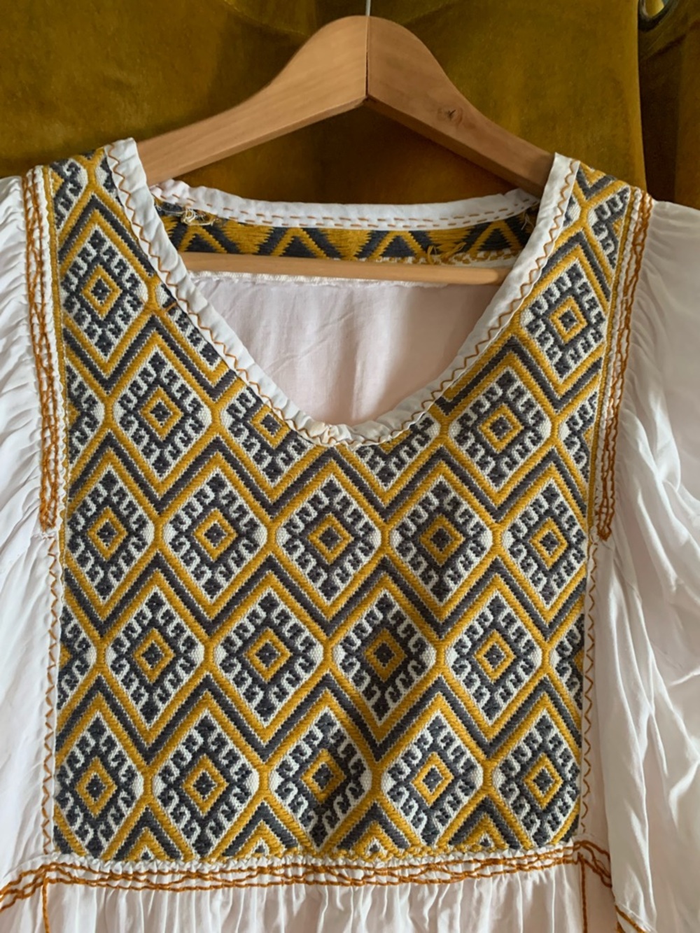 Embroidered Diamond Yoke Peasant Top in Mustard & Gray